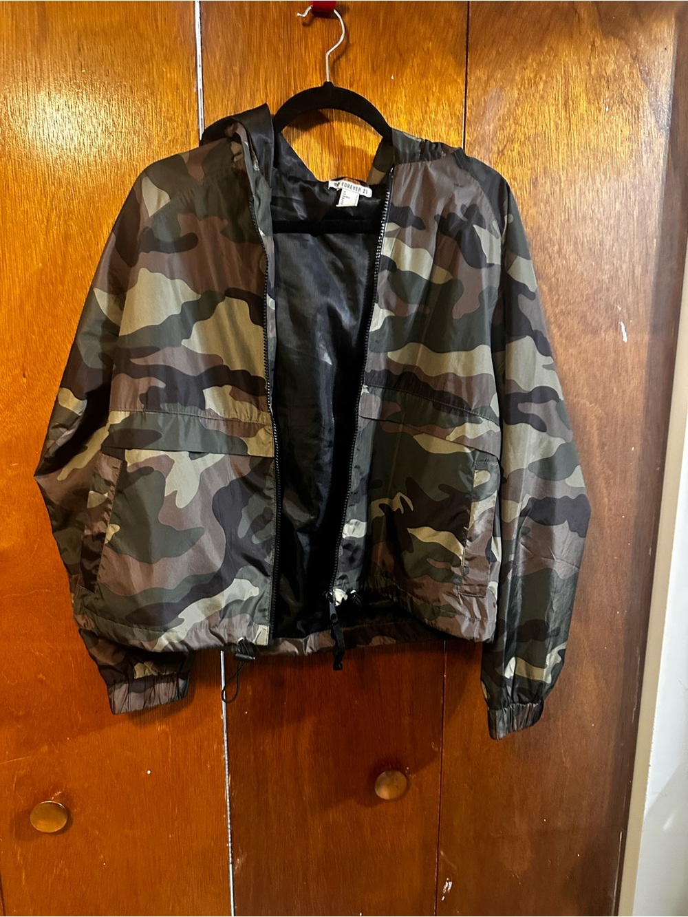 Forever 21 Women's Camo Hooded Windbreaker Jacket - Green/Brown/Black